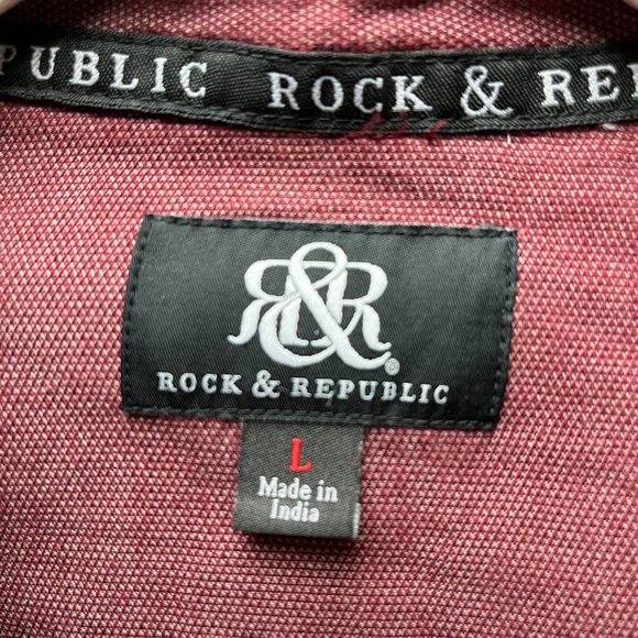 Rock & Republic Burgundy Button Up Long Sleeve Chambray Shirt Zip Pockets Size L - Picture 3 of 12